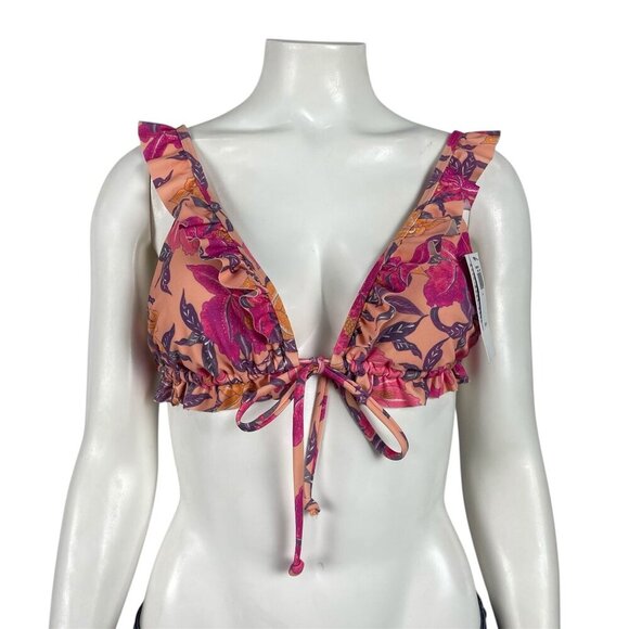 NEW Old Navy Ruffle V Bikini Top Medium Pink Peach Floral Front Tie Triangle Top - Picture 1 of 9